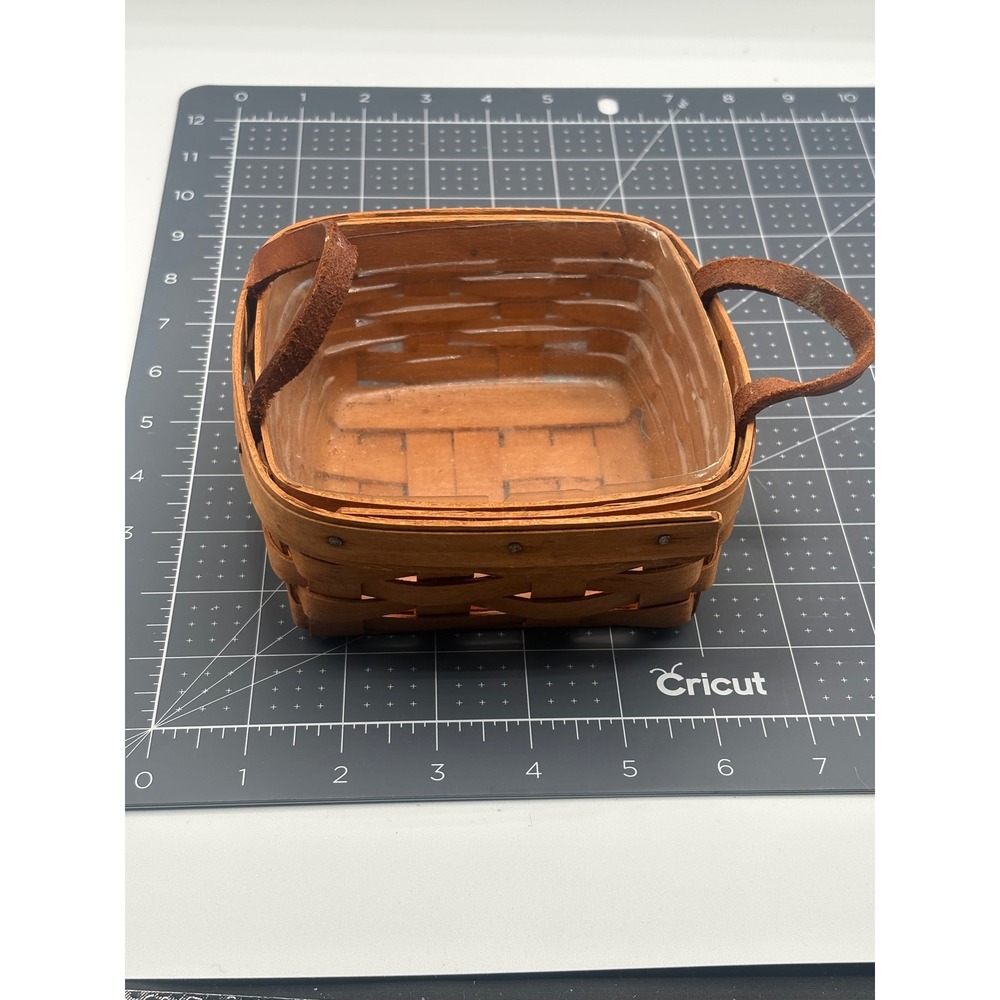 Longaberger Handwoven Basket 1991 Square Small Leather Handles Plastic Liner USA